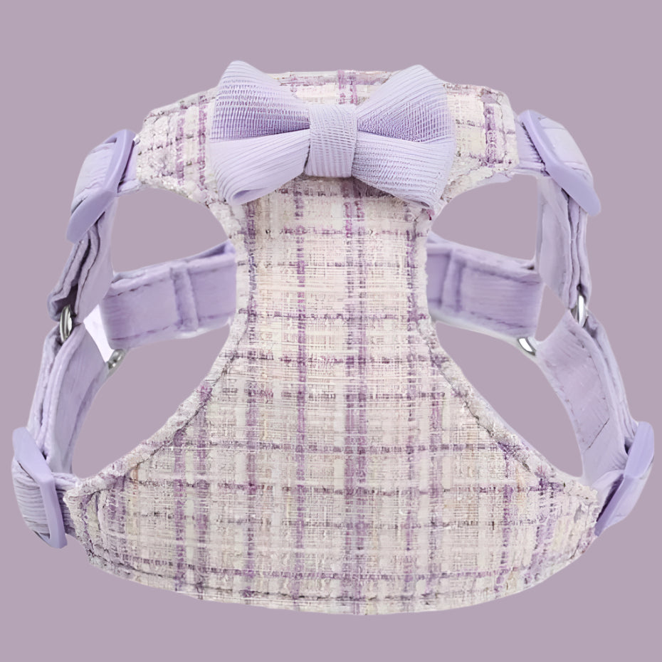 Lavender and cream plaid tweed dog harness with a matching purple bow tie, displayed on a white background.