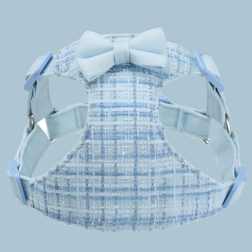 Light blue plaid tweed dog harness with a matching bow tie, displayed on a white background.