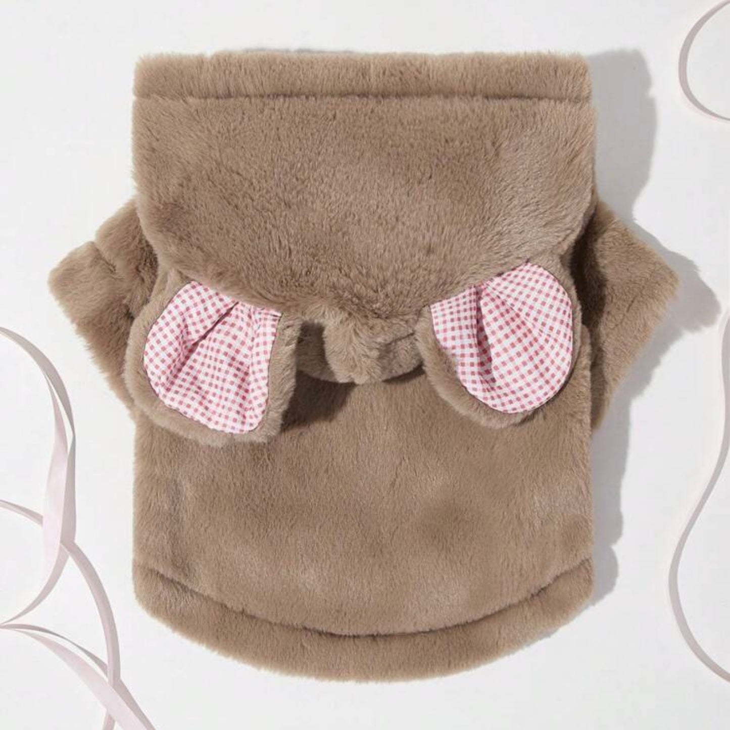 Brown plush dog jacket with a hood and bear ears lined in red-and-white check fabric, shown from the back to highlight the hood and ear design.