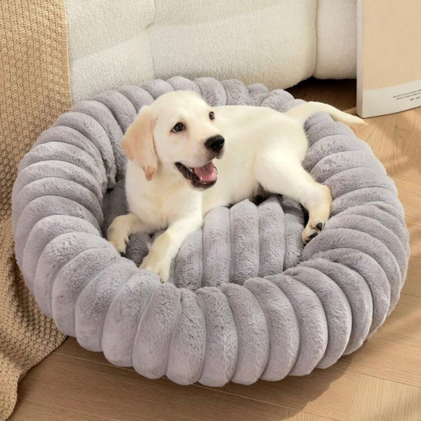 Happy Labrador lying in a large plush ribbed donut dog bed in grey.