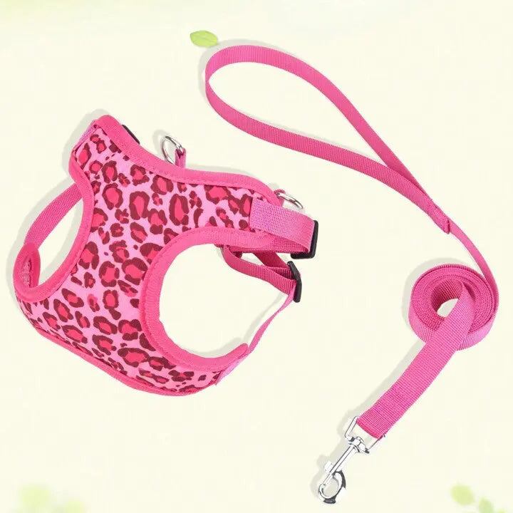 Pink leopard print dog pet harness and matching pink leash set on a lime green background.