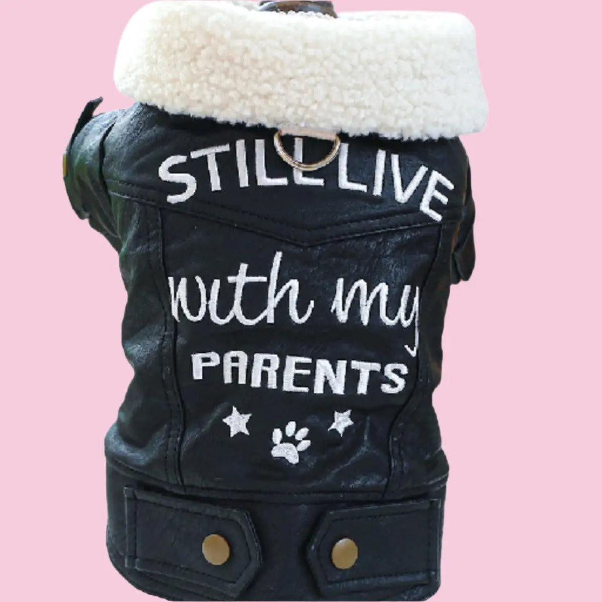 Close-up of a black faux leather biker jacket for dogs, featuring white embroidered text 'STILL LIVE with my PARENTS' and a white sherpa collar.
