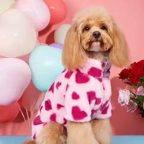 A fluffy dog wearing a pink heart patterned faux fur jacket, sitting in front of pastel balloons and flowers.