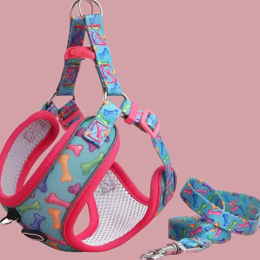Colourful dog harness and leash set with a bone pattern, featuring pink trim and mesh padding, displayed on a pink background.
