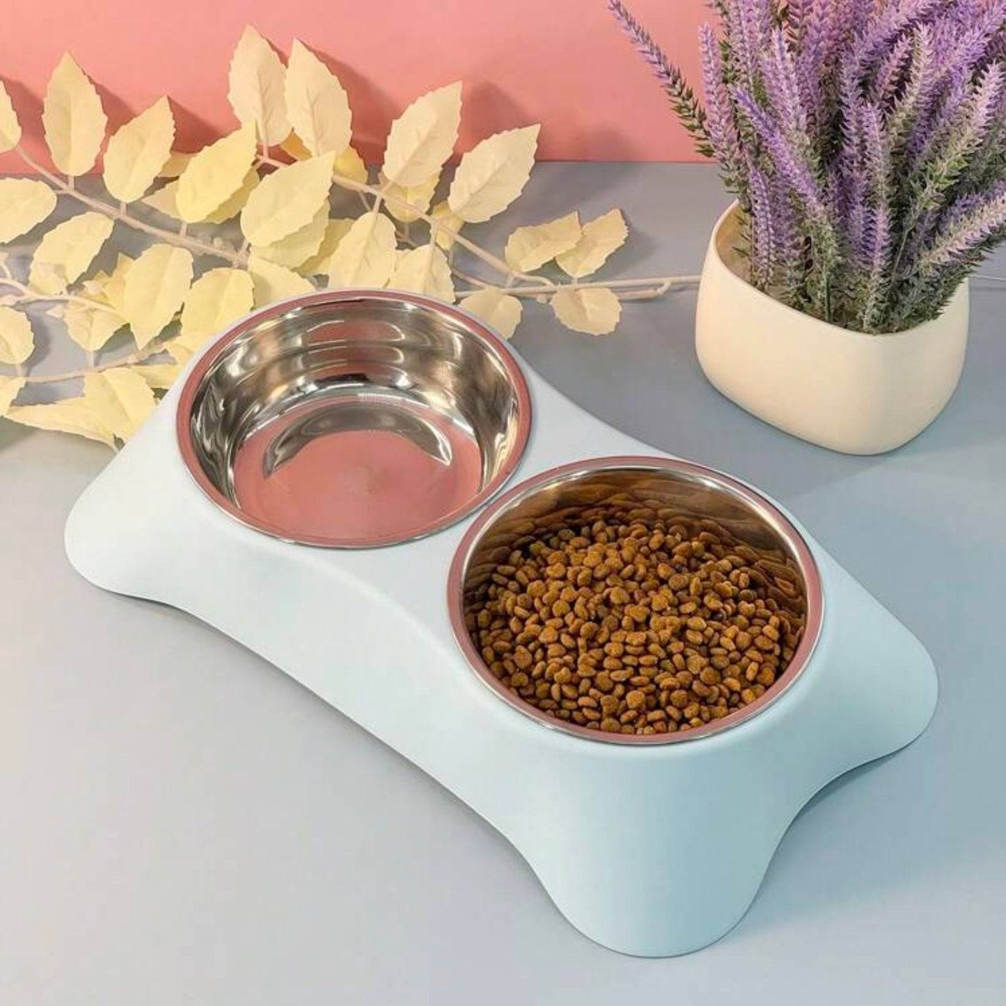 Dual stainless steel dog bowls on a pastel blue bone-shaped stand, with dry pet food in one bowl and decorative plants in the background.
