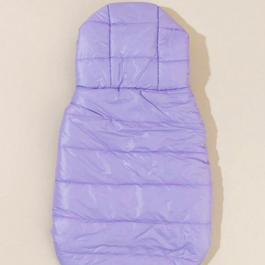 A light purple puffer dog jacket with a hood, laid flat to display the back and stitching details.