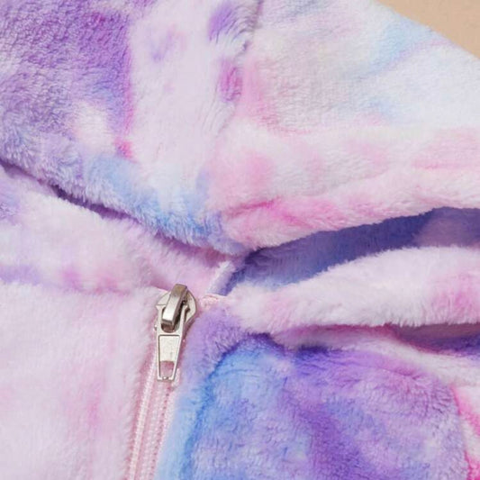 Close-up of the zipper and soft fabric texture on a pastel tie-dye dog hoodie jacket.