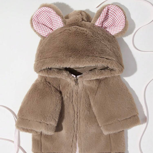 Brown plush dog jacket with a hood featuring bear ears lined in red-and-white check fabric, shown laid flat with the zipper closed.