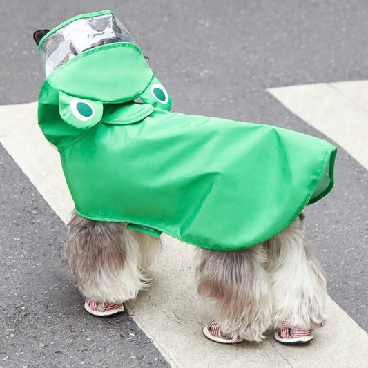 Dog wearing a bright green frog-themed raincoat with a transparent visor, standing on a street crosswalk.