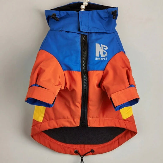 Colourblock dog jacket in blue, yellow, and red displayed on a hanger, front view.