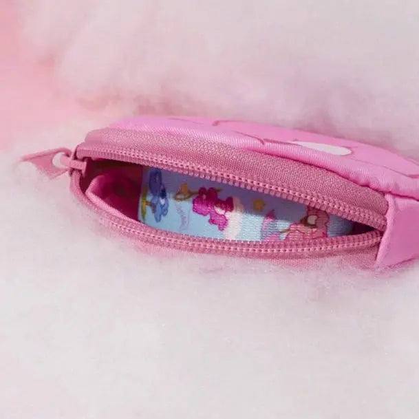 Close-up of an open pink bear-shaped pouch showing the Care Bears patterned dog leash inside.