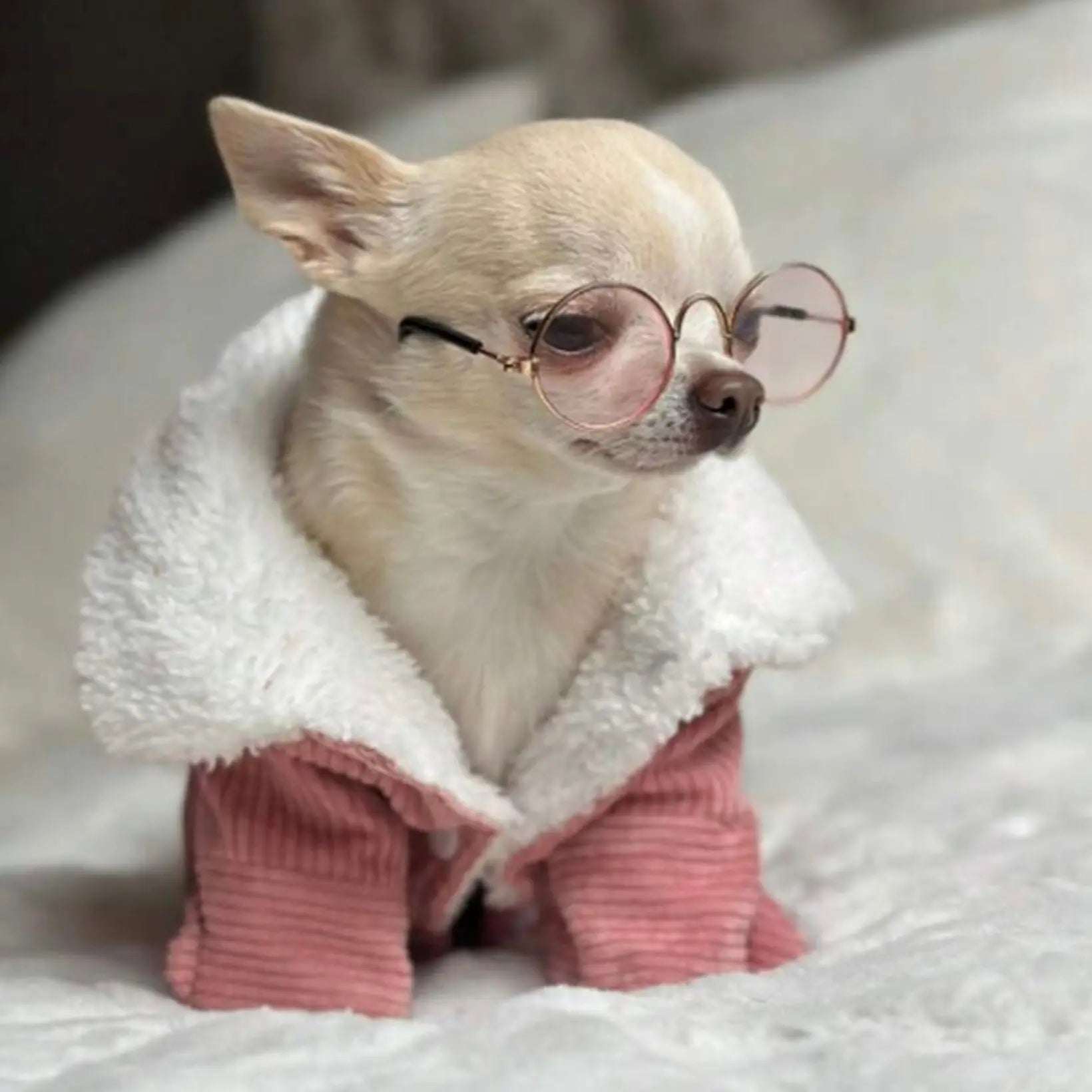 Small chihuahua dog wearing a pink corduroy jacket with white fleece lining and round glasses, sitting on a light background.