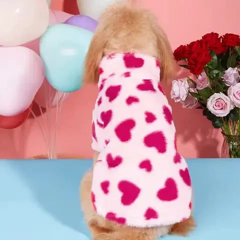 A fluffy dog seen from behind, wearing a pink heart-patterned faux fur jacket, sitting in front of pastel balloons and flowers.