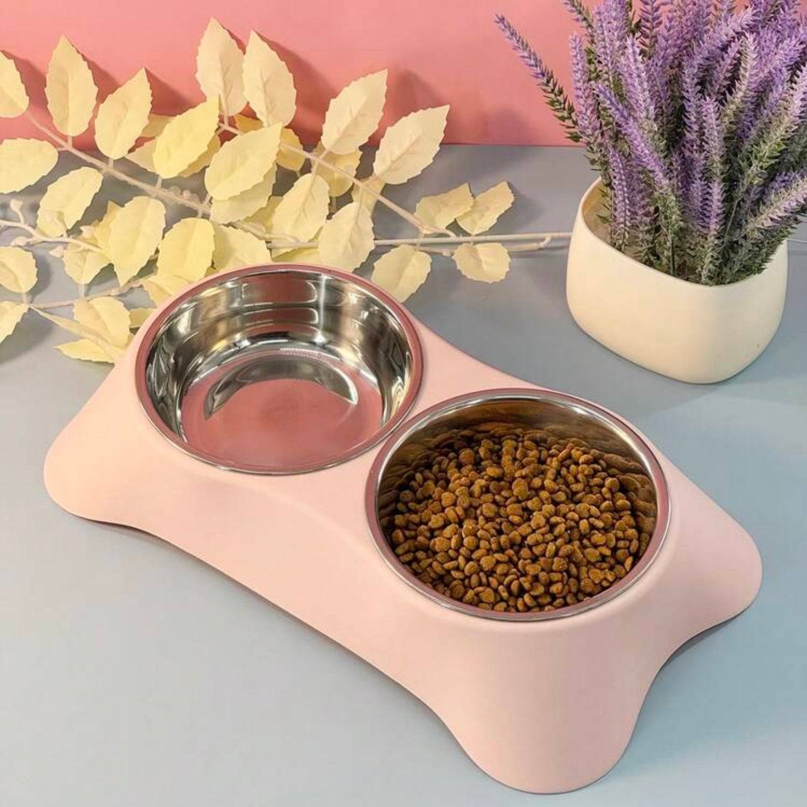 Dual stainless steel dog bowls on a pastel pink bone-shaped stand, with dry pet food in one bowl and decorative plants in the background.
