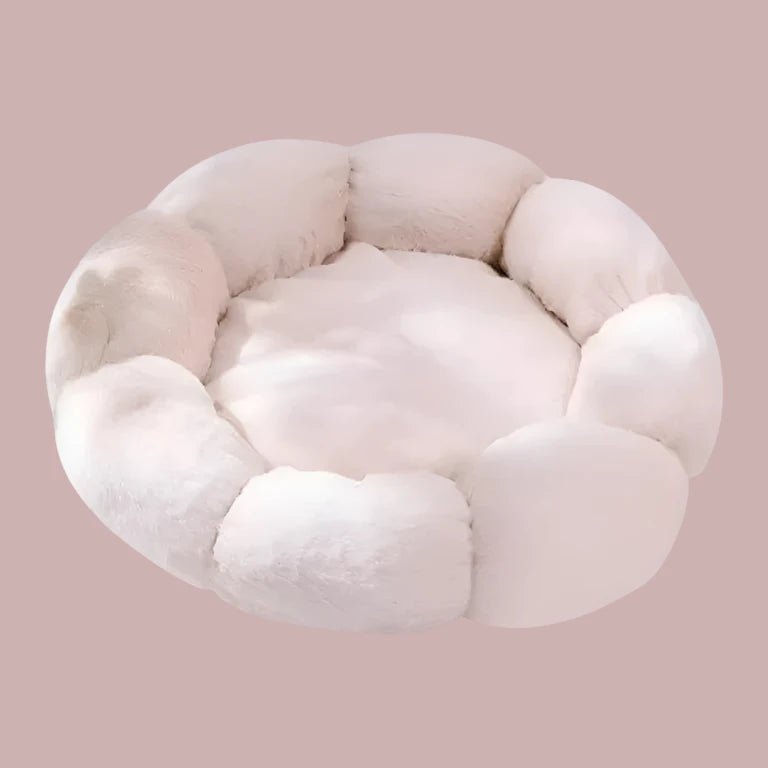 Cream coloured plush round dog bed with raised, segmented sides resembling a flower, viewed from above.