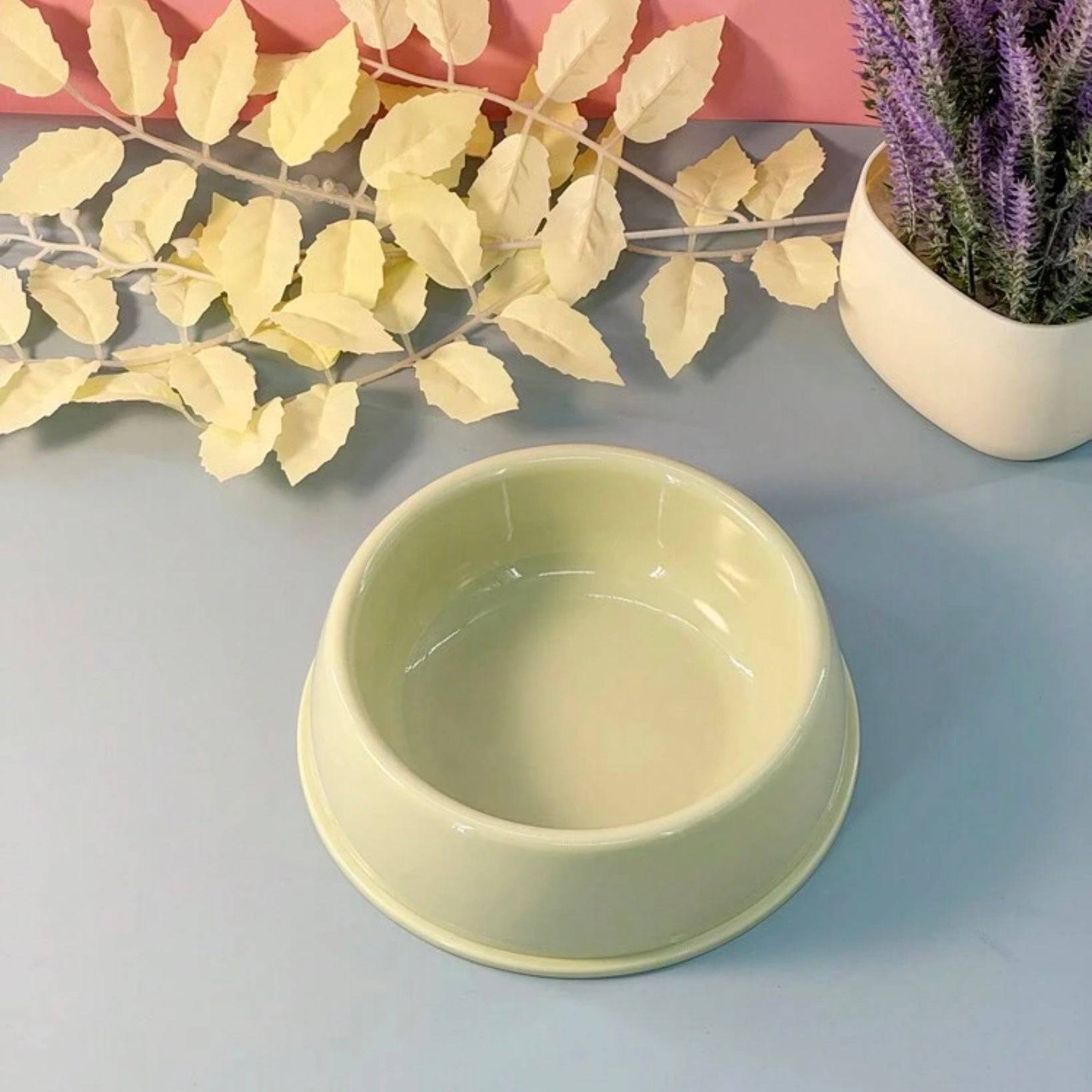 Lime green plastic dog bowl on a gray surface, with yellow artificial leaves and a potted purple plant in the background.